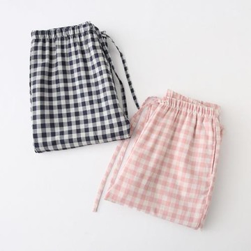 良品全棉雙層紗布格子情侶單條睡褲男女款居家長褲休閑褲可外穿