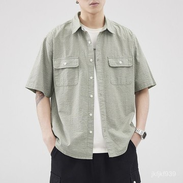 夏季新品 男生襯衫 冰絲襯衫 落肩襯衫 短袖襯衫 韓係襯衫 新款條紋短袖襯衫夏季日係複古潮牌男士寬鬆時尚休閒百搭襯衫