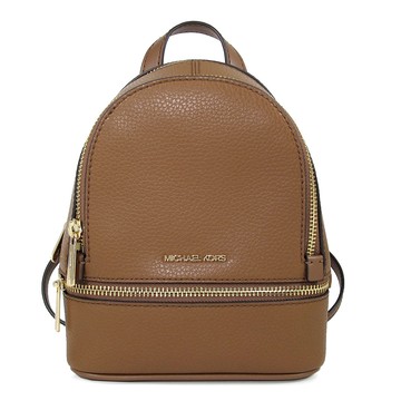 MICHAEL KORS RHEA 金字LOGO馬鞍棕色鵝卵石紋皮革雙層三用包(手提/斜/後背)