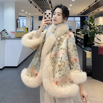 保暖皮草 仿狐貍毛斗篷中長外套女刺繡唐裝大衣冬季中國風秋冬宮廷風皮草 全館免運