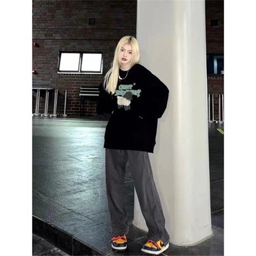 純棉美式復古oversize設計感黑色圓領衛衣女春秋寬松街頭潮牌上衣