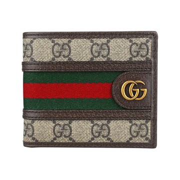 GUCCI Ophidia 古銅金雙G LOGO塗層帆布拼皮革搭綠紅織帶對折短夾(米/烏木)