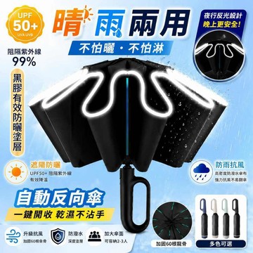 扣環反向傘 晴雨兩用傘 自動傘 超大雨傘 126CM 四人傘 折疊傘 安全反光環 反向傘 抗風暴 雨傘 陽傘 黑膠防曬傘