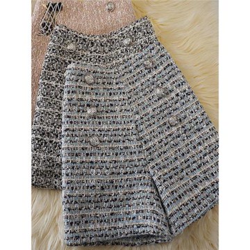 格子毛呢小個子闊腿褲女秋冬高腰A字靴褲小香風外穿休閑排扣短褲