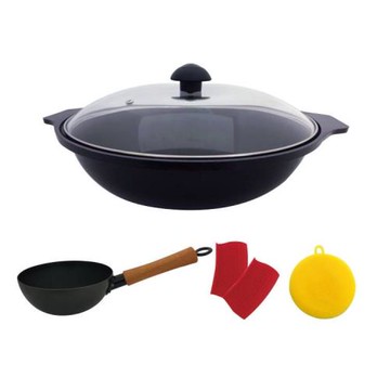 【派樂】遠紅外線 備長炭大富鍋 不沾湯炒鍋32cm 附玻璃鍋蓋+雪平鑄鐵鍋20cm+贈鍋耳夾+矽膠刷+備長炭1支 - 型
