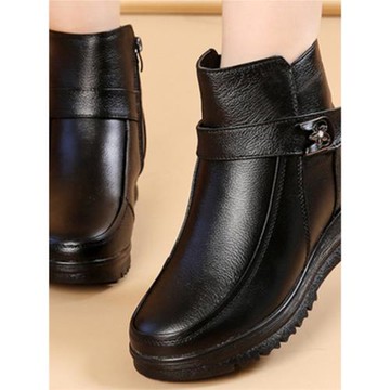 羊毛真皮加絨棉鞋女中老年老人皮鞋中年短靴子冬季保暖防滑媽媽鞋