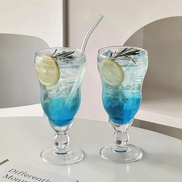 🔥優質玻璃🔥不規則高腳果茶玻璃杯家用夏天冷飲氣泡水杯果汁飲料調酒雞尾酒杯玻璃杯 玻璃水杯 質感杯子\t