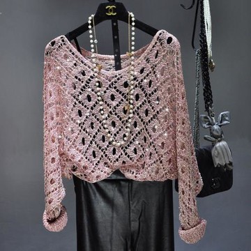 韓恩家 秋冬亮片鏤空寬松金線亮絲罩衣蝙蝠長袖圓領套頭針織
