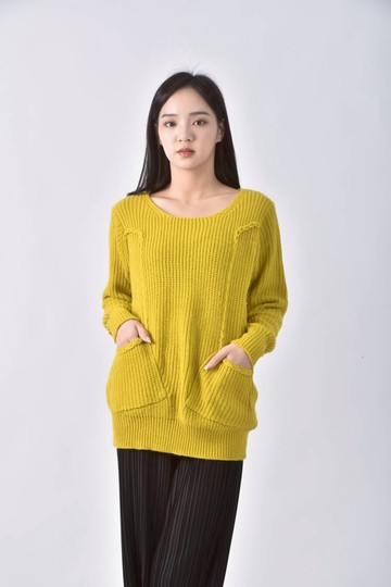 (L) 圓領口袋黃色長袖上衣