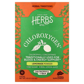 Herbs Etc., ChlorOxygen®、葉綠素 + 纖維粉、檸檬水、10 條、每條 4.3 克（0.15 盎司）