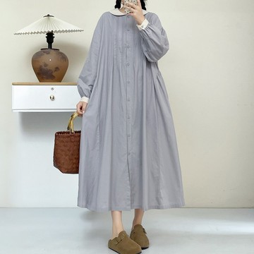 撞色圓弧翻領壓褶大擺長洋裝144210