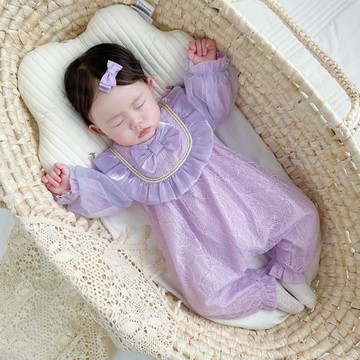 新生嬰兒衣服秋裝長袖長褲連體衣女寶寶百天周歲禮服外出蕾絲哈衣