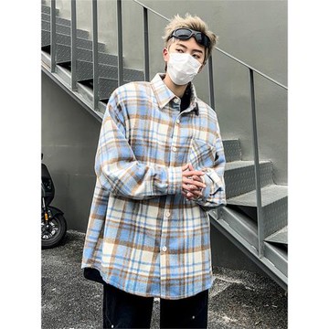 港風ins潮牌休閑撞色格子襯衫男春夏季美式復古高街百搭襯衣外套
