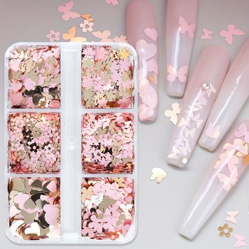 🎀台灣出貨🎀粉色盒裝蝴蝶飾品亮片-花瓣愛心兔子美甲貼片 偏光超薄美甲小飾品