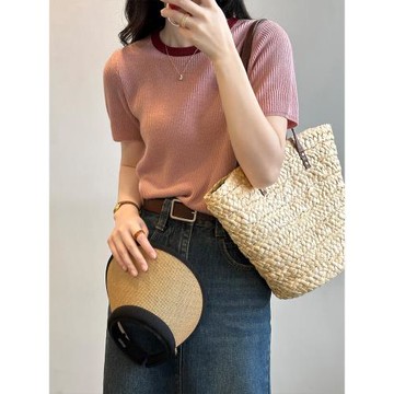 女士針織短袖t恤女夏季女裝2025新款氣質上衣寬松薄款冰絲針織衫