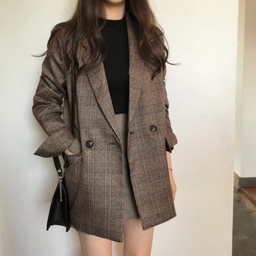 春秋復古格紋韓版胖mm大碼小西裝