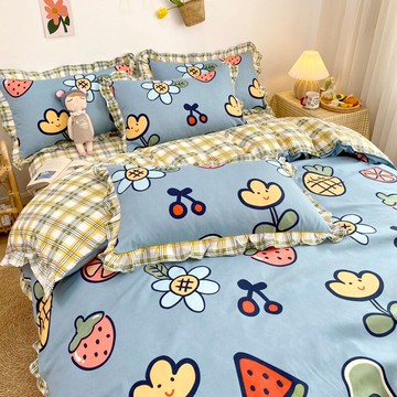 ins公主風花邊卡通床單款四件套少女心水洗棉被套床單三件套