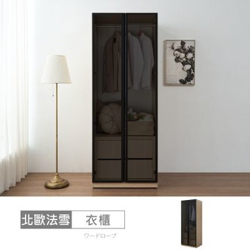 時尚屋 北歐法雪2.5尺黑玻下二抽衣櫃-隱藏式滑軌 寬75x深59.8x高200公分 免運費/免組裝/衣櫃