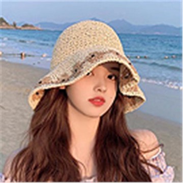 【Decoy】仙女花圈 寬檐透氣防曬鏤空草編漁夫帽/米色