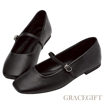 【Grace Gift】韓系小愛心復古平底瑪莉珍鞋 黑