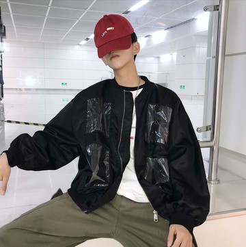 FINDSENSE品牌  韓國時尚 秋冬裝 PVC口袋 寬鬆 夾克外套 個性拼接 超火男裝