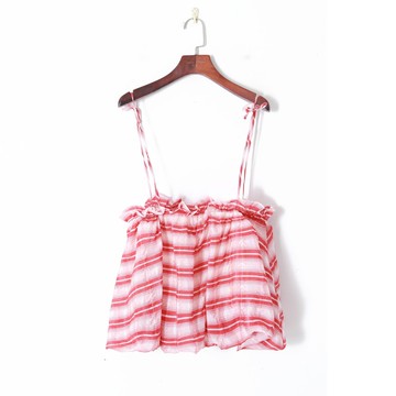 秋季新款女裝清新度假風條紋木耳邊一字領口寬松顯瘦吊帶背心