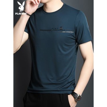 花花公子中年男士冰絲圓領短袖T恤夏季薄款休閑寬松涼感半袖上衣