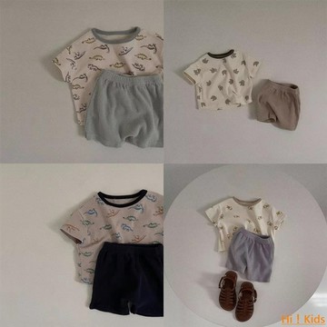 【Hi！Kids】韓版ins夏季卡通滿印動物上衣短袖素色短褲兩件套 男女寶寶純棉T恤清爽洋氣休閒運動短褲套裝