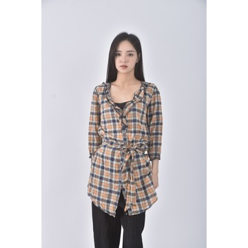 (S) 質感棉質格紋橘色長袖上衣二手衣