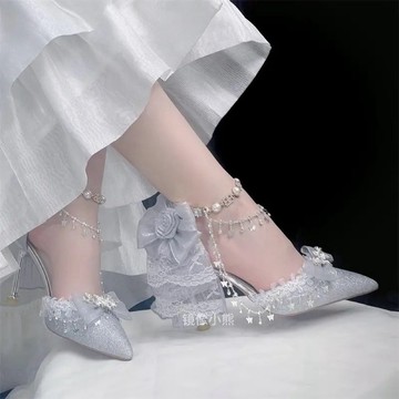 鏡像小熊原創 Lolita 高跟鞋成人禮銀色水晶婚鞋洛麗塔華麗高跟鞋細