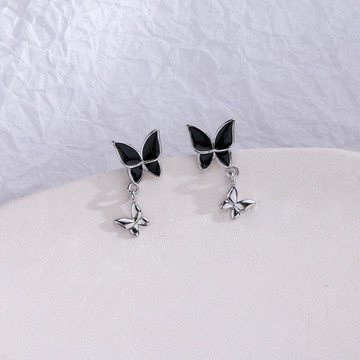 ▪NANA▪D3003 日韓流行耳飾 S925銀針 小巧氣質黑色雙蝴蝶 耳針 耳環
