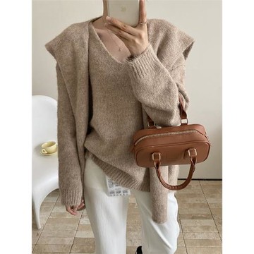 披巾毛衣女2025秋冬款厚實絨面氛圍感V領針織衫保暖上衣兩件套