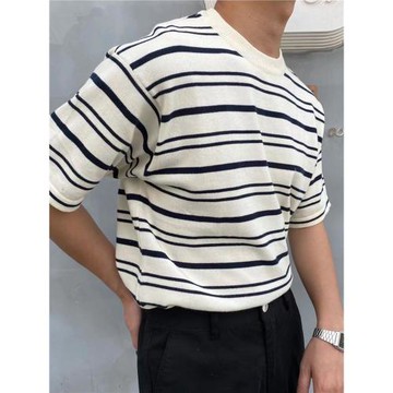 條紋撞色輕熟短袖T恤男夏季薄款休閑寬松圓領五分針織衫半袖體恤