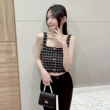 格紋吊帶針織背心【9706】33春夏小香風性感貼身氣質無袖方領格子格紋背心 短版背心 格子背心 無袖背心