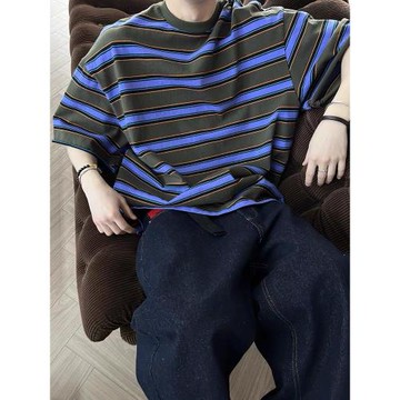 美式慵懶軍綠紫色拼接條紋短袖男夏季百搭休閑松弛感半袖t恤潮牌