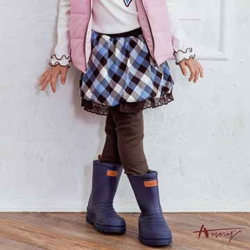 Annys安妮公主-清甜藍格紋蕾絲邊秋冬款假兩件鬆緊裙褲*0470水藍