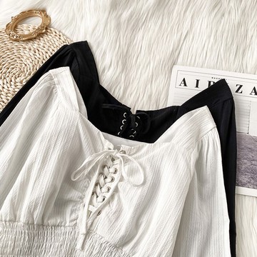 白色法式復古方領長袖T恤女秋春高腰修身顯瘦百搭綁帶心機上衣服