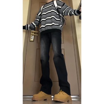 黑色高腰彈力牛仔褲男款春季美式復古vibe褲子修身直筒彎刀微喇褲