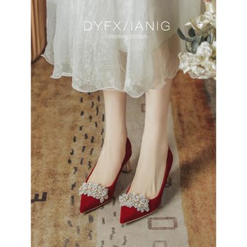 婚鞋女秋季粗跟新娘鞋不累腳結婚鞋秀禾秀婚紗兩穿紅色高跟鞋小眾