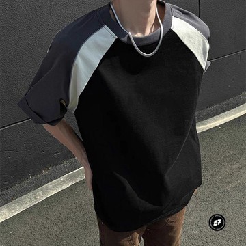 夏季美式短袖新款小衆時尚撞色休閒百搭學生T恤男女插肩上衣男士夏季薄款運動上衣 男士訓練透氣短袖 男士新款寬鬆排汗半袖