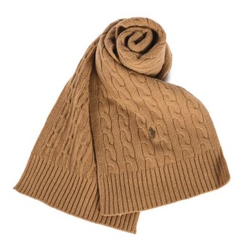 RALPH LAUREN POLO小馬刺繡素面羊毛混紡絞花針織圍巾-駝色