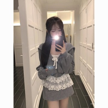純慾風甜美套裝春秋季設計感連帽衛衣外套蕾絲打底半身裙三件套女