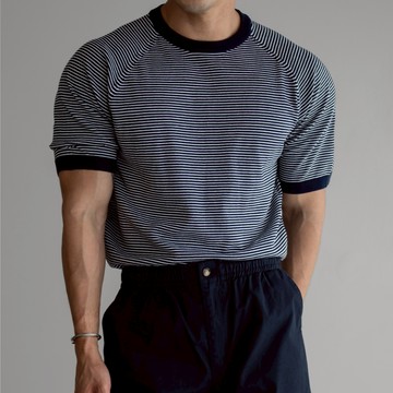 正韓質感亞麻無肩線條紋短袖針織 3色 YUPPIE 預購商品 0708