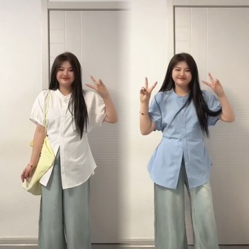 💕甜心大尺碼💕大尺碼襯衫 胖mm韓版蝙蝠袖綁帶開叉襯衫泡泡袖襯衫前開叉顯瘦百搭
