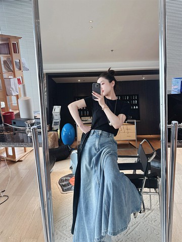 迪媽 自留畢入 靈動墜感天絲牛仔裙A字魚尾長裙顯瘦高半身裙女