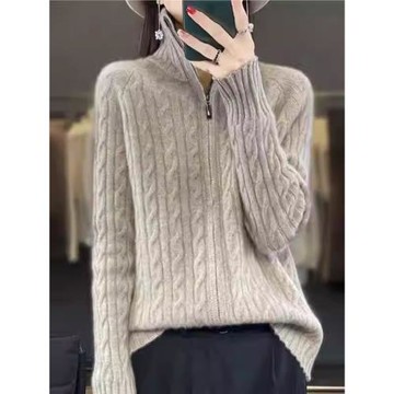 立領針織開衫外套女士2025秋季新款寬松麻花拉鏈毛衣長袖時尚上衣