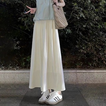 法式甜美杏色半身裙女夏季新款氣質收腰顯瘦傘裙垂感a字中長裙子 顯瘦半身裙 裙子 a字裙 韓版長裙 夏天裙子「樂購」