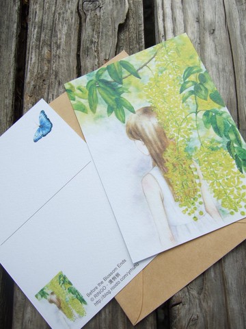 在花季結束前 阿勃勒 手繪水彩少女插畫 人物畫明信片 禮物卡片