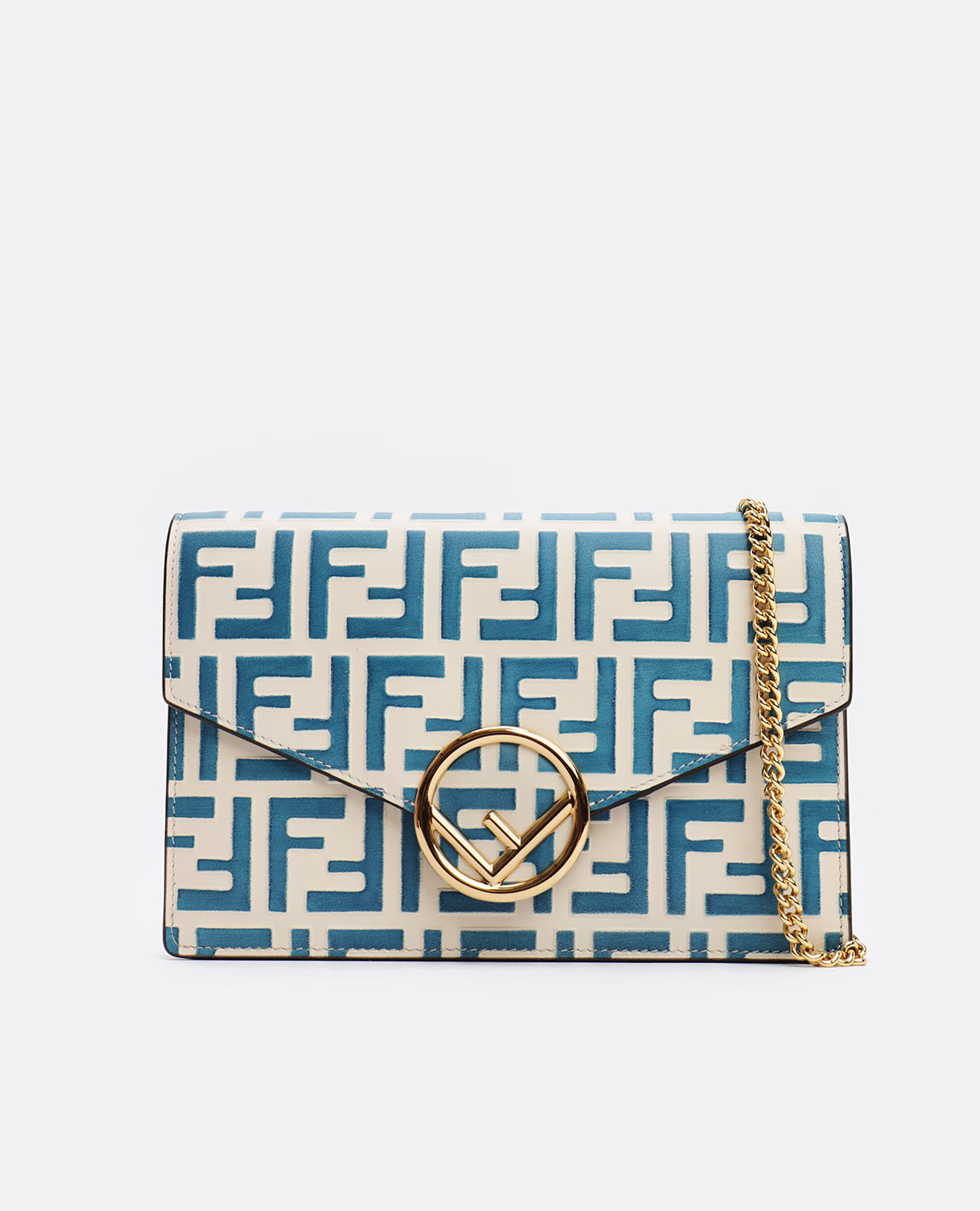 FENDI FF 圖騰金屬鍊條包 /藍