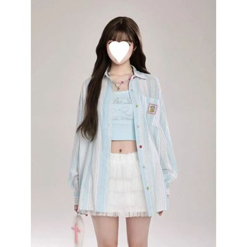 韓系薄荷藍色條紋襯衫女春秋新款設計感翻領休閒百搭開衫外套防曬襯衫 長袖襯衫 防曬外套 襯衫 小外套 寬鬆襯衫 薄襯衫
